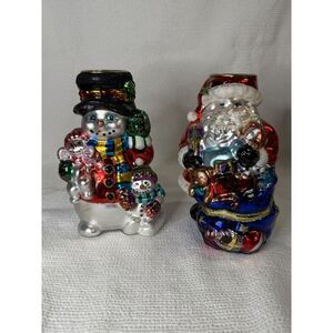 Christmas Votive Candle Tea‎ Light Holders-set Of 2 Blown Glass Santa Snow Man